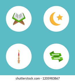 Set of ramadan icons flat style symbols with ramadan moon, minaret, koran and other icons for your web mobile app logo design.