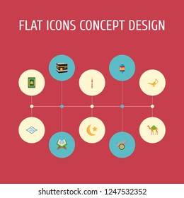 Set of ramadan icons flat style symbols with kaaba, oil lamp, ramadan moon and other icons for your web mobile app logo design.