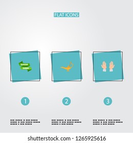 Set of ramadan icons flat style symbols with poster, oil lamp, prayer hands icons for your web mobile app logo design.