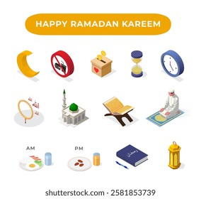 Set of ramadan illustration. Ramadan isometric icon. Isolated vector for banner, poster, presentation, infographic,  web, apps, and other uses.