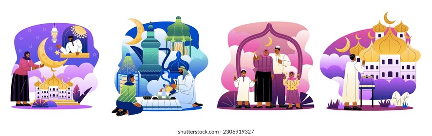 Set of Ramadan illustrations. Muslim characters read quran, pray and fast in holy month. Traditional religious Islamic holiday Eid Mubarak. Cartoon flat vector collection isolated on white background