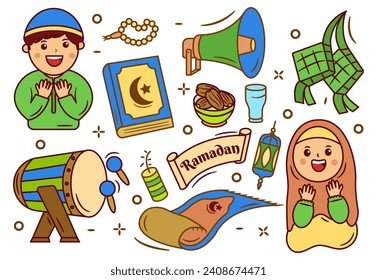 Set of Ramadan Islamic Doodle Cartoon Illustration