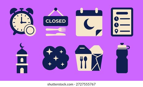 Conjunto de iconos islámicos y de Ramadán que incluyen mezquita, Corán, linterna, dátiles, cuentas de oración y comida iftar, que representan la adoración musulmana y las tradiciones del mes sagrado