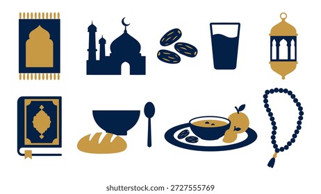 Conjunto de iconos islámicos y de Ramadán que incluyen mezquita, Corán, linterna, dátiles, cuentas de oración y comida iftar, que representan la adoración musulmana y las tradiciones del mes sagrado