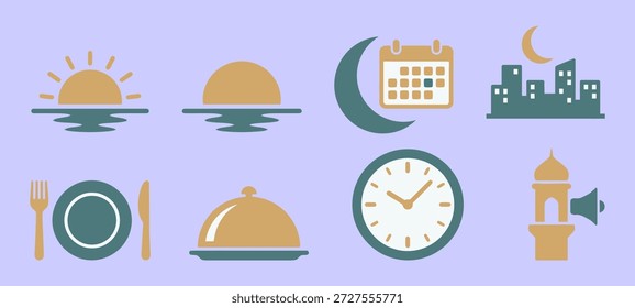 Conjunto de iconos islámicos y de Ramadán que incluyen mezquita, Corán, linterna, dátiles, cuentas de oración y comida iftar, que representan la adoración musulmana y las tradiciones del mes sagrado