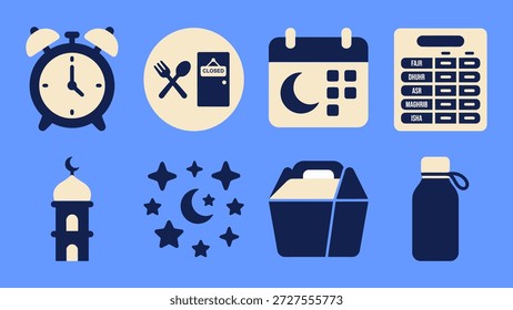 Conjunto de iconos islámicos y de Ramadán que incluyen mezquita, Corán, linterna, dátiles, cuentas de oración y comida iftar, que representan la adoración musulmana y las tradiciones del mes sagrado