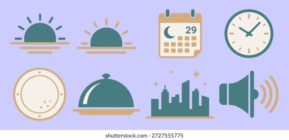 Conjunto de iconos islámicos y de Ramadán que incluyen mezquita, Corán, linterna, dátiles, cuentas de oración y comida iftar, que representan la adoración musulmana y las tradiciones del mes sagrado