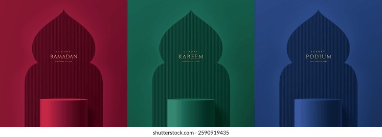 Set of Ramadan Kareem 3D dark red, green, blue cylindrical podium background with mosque shape backdrop. Eid al adha minimalist mockup pedestal, Abstract product display presentation, Stage showcase.