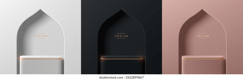 Set of ramadan kareem 3D podium background in black, silver, pink gold in gate mosque shape. Luxury mockup display presentation. Islamic Minimal scene. Stage showcase. Platforms vector geometric.