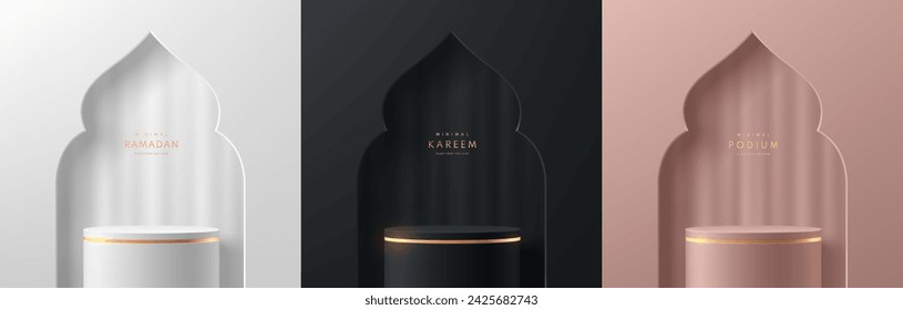 Set of ramadan kareem 3D podium background in black, silver, pink gold with gate mosque shape and soft curtain scene. Luxury mockup display presentation. Islamic Eid al Adha Mubarak festival banner.