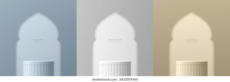 Set von Ramadan Kareem 3D Podiumhintergrund in Schatten Moschee Form. Cremefarben, weiß und hellblau. Islamische Grußkarte Banner Vorlage mit Eid al Adha Mubarak für Tapete, Poster, Medienbanner