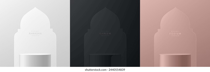 Set aus Ramadan Kareem 3D Podiumhintergrund in Schwarz, Silber und Pink Gold mit Gate Moschee Form Szene. Banner des Islamischen Eid al Adha Mubarak Festivals. Luxus-Mockup-Display-Präsentation. Bühnenschaukasten.