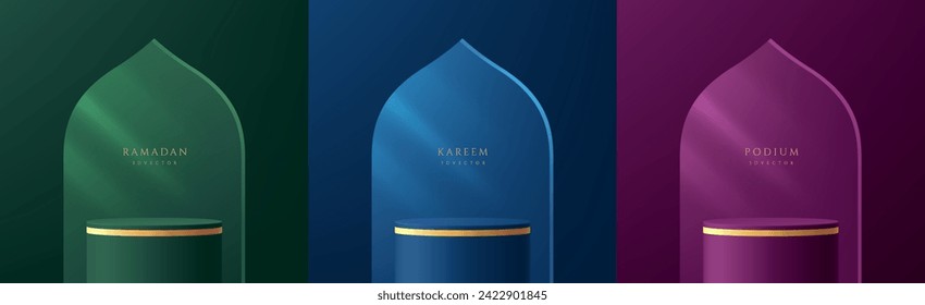 Set of ramadan kareem 3D purple, blue, green cylinder podium background in gate mosque shape. Eid al Adha Mubarak greeting design minimal scene mockup product stage showcase, Banner promotion display.