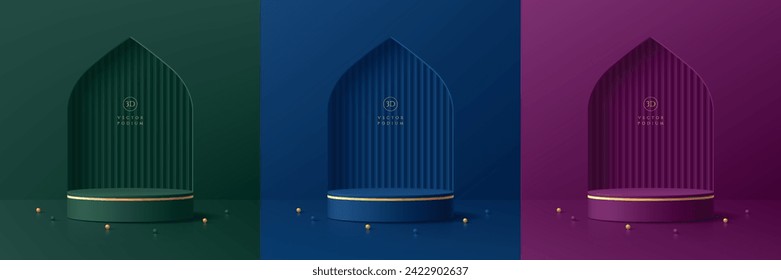 Set of ramadan kareem 3D purple, blue, green cylinder podium background in gate mosque shape Gold ball. Eid al Adha Mubarak design minimal scene mockup product stage showcase, Banner promotion display