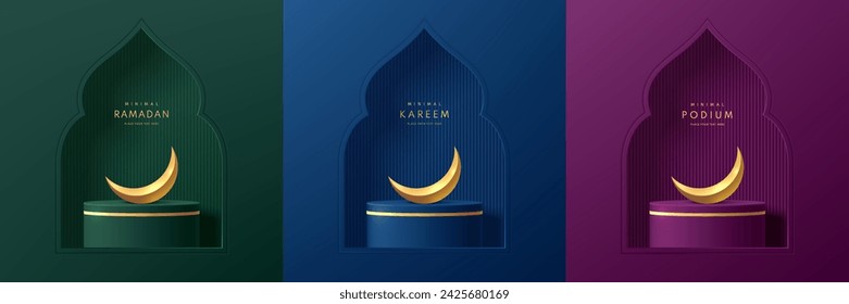 Set von Ramadan Kareem 3D lila, blau, grüner Zylinder Podium Hintergrund mit goldenem Mond in Moschee Fenster. Eid al Adha Mubarak minimale Szene oder Mockup-Produkt-Bühne Showcase, Banner-Promotion-Anzeige.