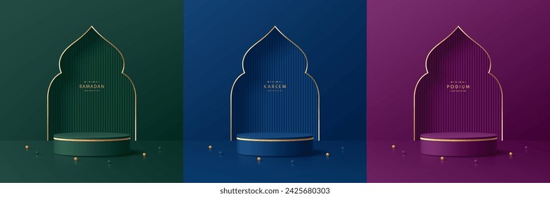 Ensemble de ramadan kareem violet 3D, arrière-plan bleu, cylindre vert, podium sur fond mosquée de grille, forme une balle d'Or. Eid al Adha Moubarak conception scène minimale simuler la présentation de la scène du produit, affichage de la promotion de la bannière : image vectorielle de stock