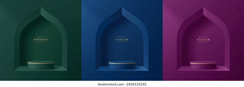 Set of ramadan kareem 3D purple, blue, green cylinder podium background in window mosque shape Gold ball. Eid al Adha Mubarak minimal scene mockup product or stage showcase, Banner promotion display.