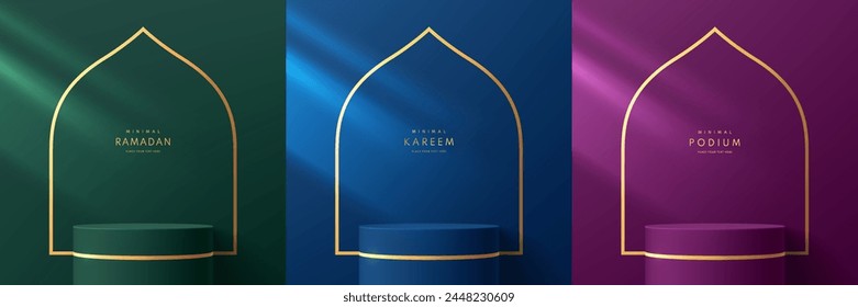 Set of ramadan kareem 3D purple, blue, green cylinder podium background with golden stripes in mosque shape. Eid al adha Mubarak minimal scene mockup product stage showcase, Banner promotion display.