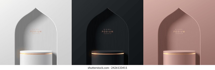 Set of ramadan kareem 3D round podium background in black, silver, pink gold in gate mosque shape. Luxury mockup display presentation. Islamic Minimal scene. Stage showcase. Platforms vector geometric