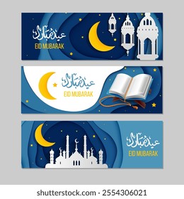 Set of Ramadan Kareem banner, flyer, poster, sale header, voucher with Moon, holly lanterns, mosque. 3d Paper cut Waves and Stars on Night Sky. Vector illustration. 