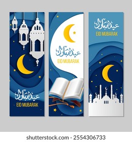 Set of Ramadan Kareem banner, flyer, poster, sale header, voucher with Moon, holly lanterns, mosque. 3d Paper cut Waves and Stars on Night Sky. Vector illustration. 