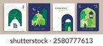 Set of Ramadan Kareem banner, poster, greeting card, cover design with mosque, crescent moon, lantern and typography in flat geometric style.