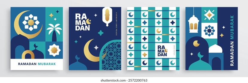 Set of Ramadan Kareem banner, poster, greeting card, cover design with mosque, crescent moon, lantern and typography in flat geometric style.