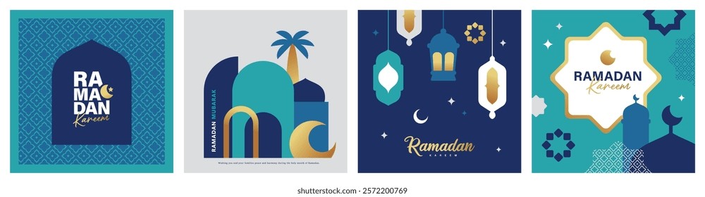 Set of Ramadan Kareem banner, poster, greeting card, cover design with mosque, crescent moon, lantern and typography in flat geometric style.