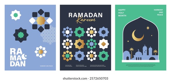 Set of Ramadan Kareem banner, poster, greeting card, cover design with mosque, crescent moon, stars and typography in flat geometric style.