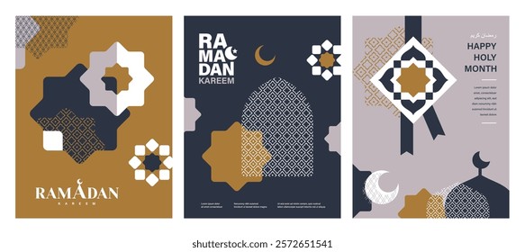 Set of Ramadan Kareem banner, poster, greeting card, cover design with mosque, crescent moon, pattern and typography in flat geometric style.