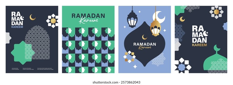 Set of Ramadan Kareem banner, poster, greeting card, cover design with mosque, crescent moon, lantern and typography in flat geometric style.