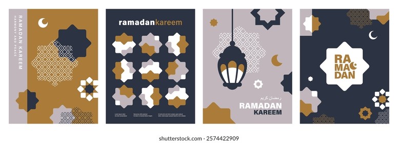 Set of Ramadan Kareem banner, poster, greeting card, cover design with mosque, crescent moon, lantern and typography in flat geometric style.