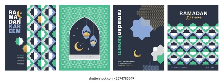 Set of Ramadan Kareem banner, poster, greeting card, cover design with mosque, crescent moon, lantern and typography in flat geometric style.