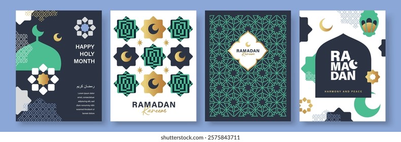 Set of Ramadan Kareem banner, poster, greeting card, cover design with mosque, crescent moon, lantern and typography in flat geometric style.