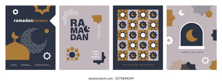 Set of Ramadan Kareem banner, poster, greeting card, cover design with mosque, crescent moon, pattern and typography in flat geometric style.