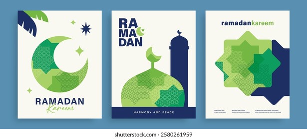 Set of Ramadan Kareem banner, poster, greeting card, cover design with mosque, crescent moon, star and typography in flat geometric style.