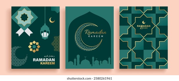 Set of Ramadan Kareem banner, poster, greeting card, cover design with mosque, crescent moon, lantern and typography in flat geometric style.