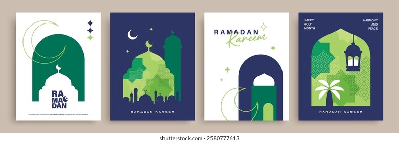 Set of Ramadan Kareem banner, poster, greeting card, cover design with mosque, crescent moon, lantern and typography in flat geometric style.