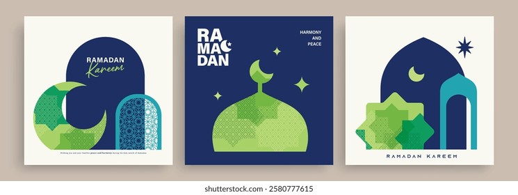 Set of Ramadan Kareem banner, poster, greeting card, cover design with mosque, crescent moon and typography in flat geometric style.