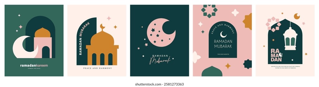 Set of Ramadan Kareem banner, poster, greeting card, cover design with mosque, crescent moon, lantern and typography in trendy flat geometric style.