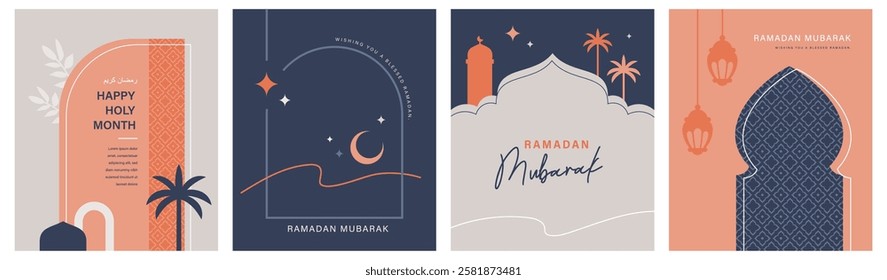 Set of Ramadan Kareem banner, poster, greeting card, cover design with mosque, crescent moon, lantern and typography in trendy flat geometric style.