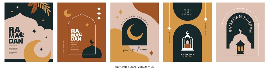 Set of Ramadan Kareem banner, poster, greeting card, cover design with mosque, crescent moon, lantern and typography in trendy flat geometric style.