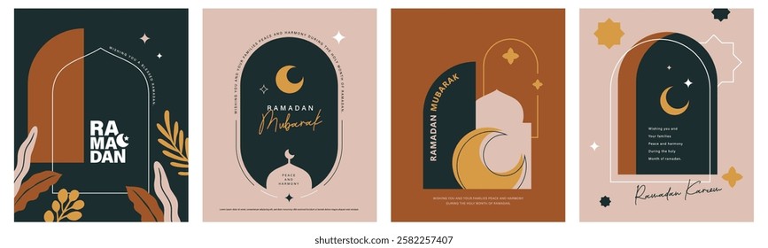 Set of Ramadan Kareem banner, poster, greeting card, cover design with mosque, crescent moon and typography in trendy flat geometric style.