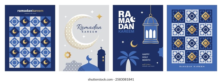 Set of Ramadan Kareem banner, poster, greeting card, cover design with mosque, crescent moon, pattern and typography in flat geometric style.