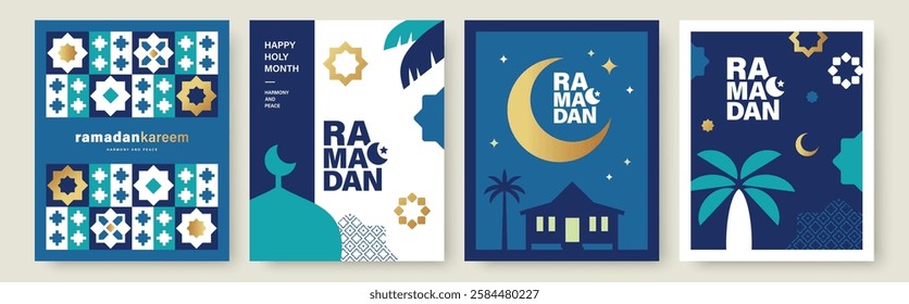 Set of Ramadan Kareem banner, poster, greeting card, cover design with mosque, crescent moon, pattern and typography in flat geometric style.