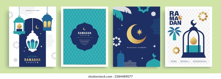 Set of Ramadan Kareem banner, poster, greeting card, cover design with mosque, crescent moon, lanterns and typography in flat geometric style.