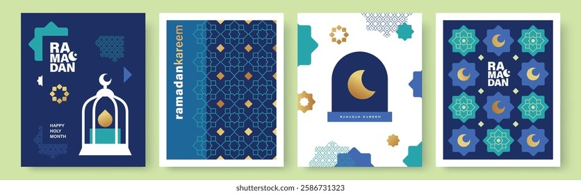 Set of Ramadan Kareem banner, poster, greeting card, cover design with mosque, crescent moon, lantern and typography in flat geometric style.