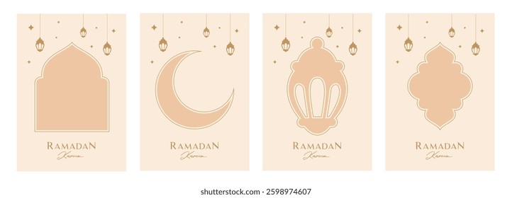 Set of Ramadan Kareem banner, poster, greeting card, cover design with mosque, crescent moon, lantern and typography in flat geometric style. Modern Islamic greeting card template.