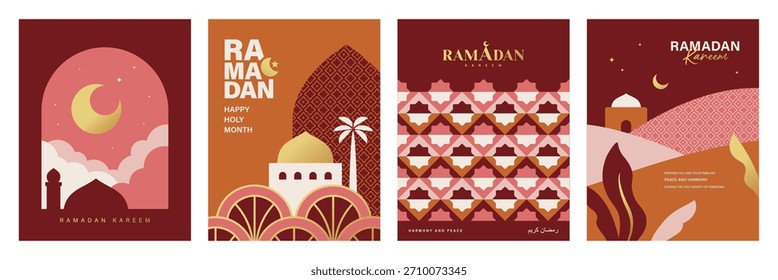 Conjunto de Anuncio Ramadan Kareem, cartel, tarjeta de felicitación, diseño de la cubierta con mezquita, luna creciente, fondo de patrón y tipografía en estilo geométrico plano.