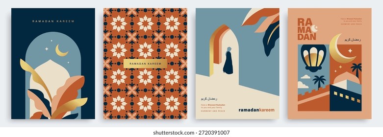 Set von Ramadan Kareem Banner, Poster, Grußkarte, Cover-Design mit Moschee, Gebäude, Halbmond, muslimische Frauen, Muster Hintergrund und Typografie in flachen geometrischen Stil.